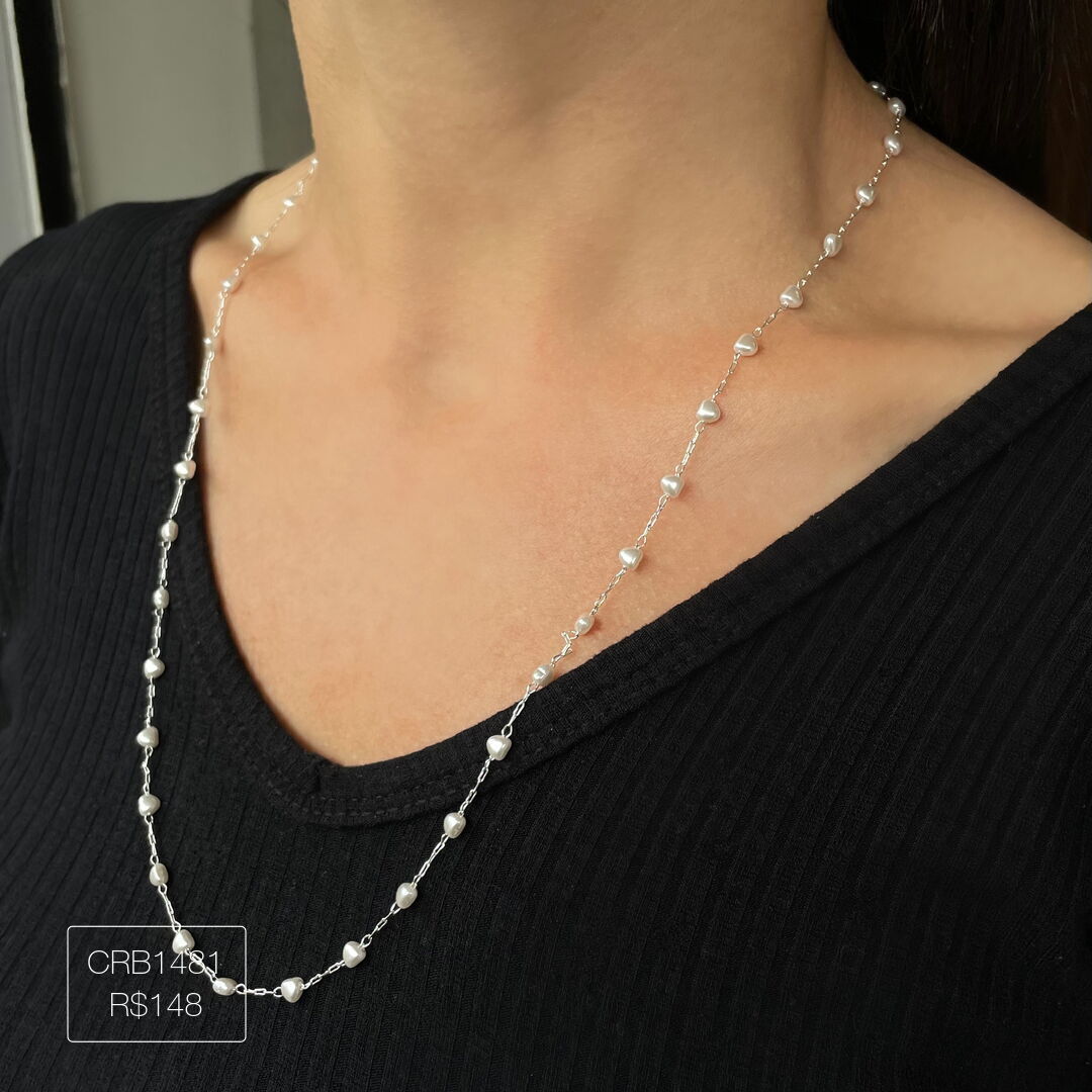 Colar de Pérolas de Coração 60cm Liso Prateado